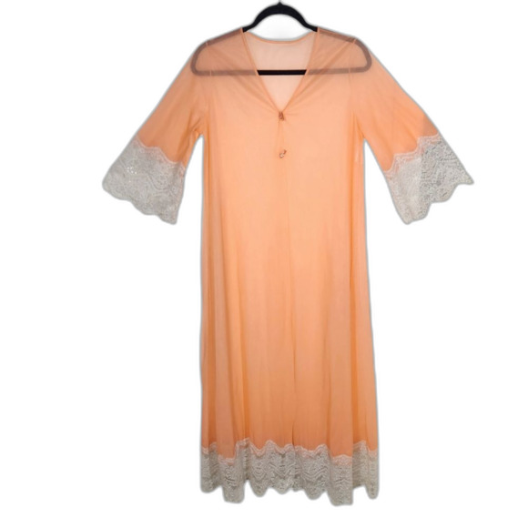 Vintage 60s 70s Robe Duster Flowy Glam BOHO Bell Sleeve Sheer Lace Coral Peach S - Picture 16 of 16